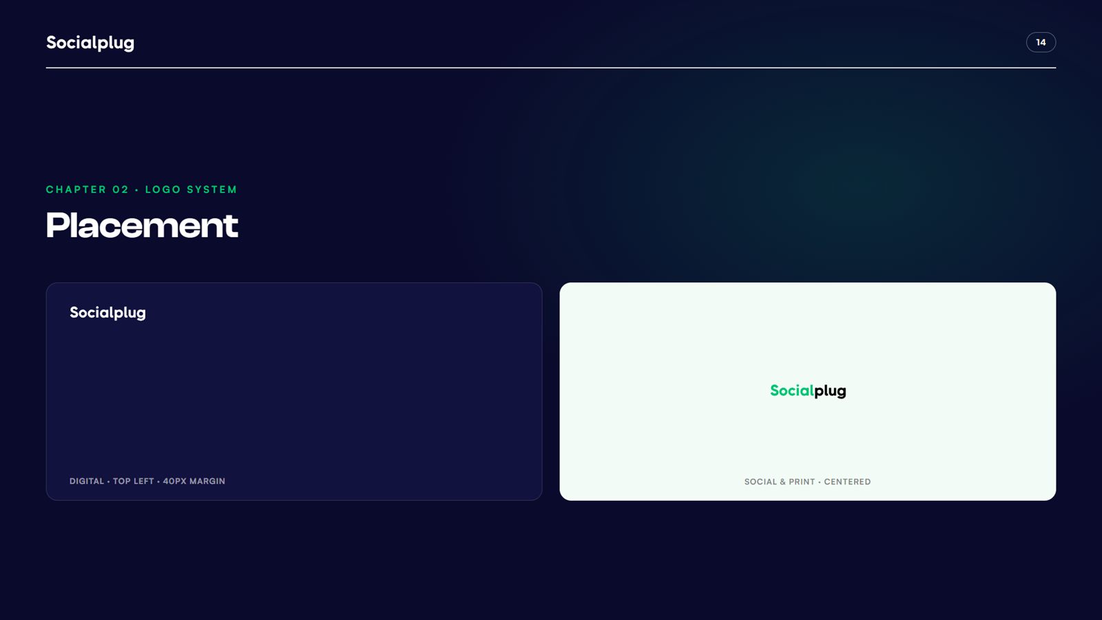 Socialplug brand book, page 14, Logo System: logo placement