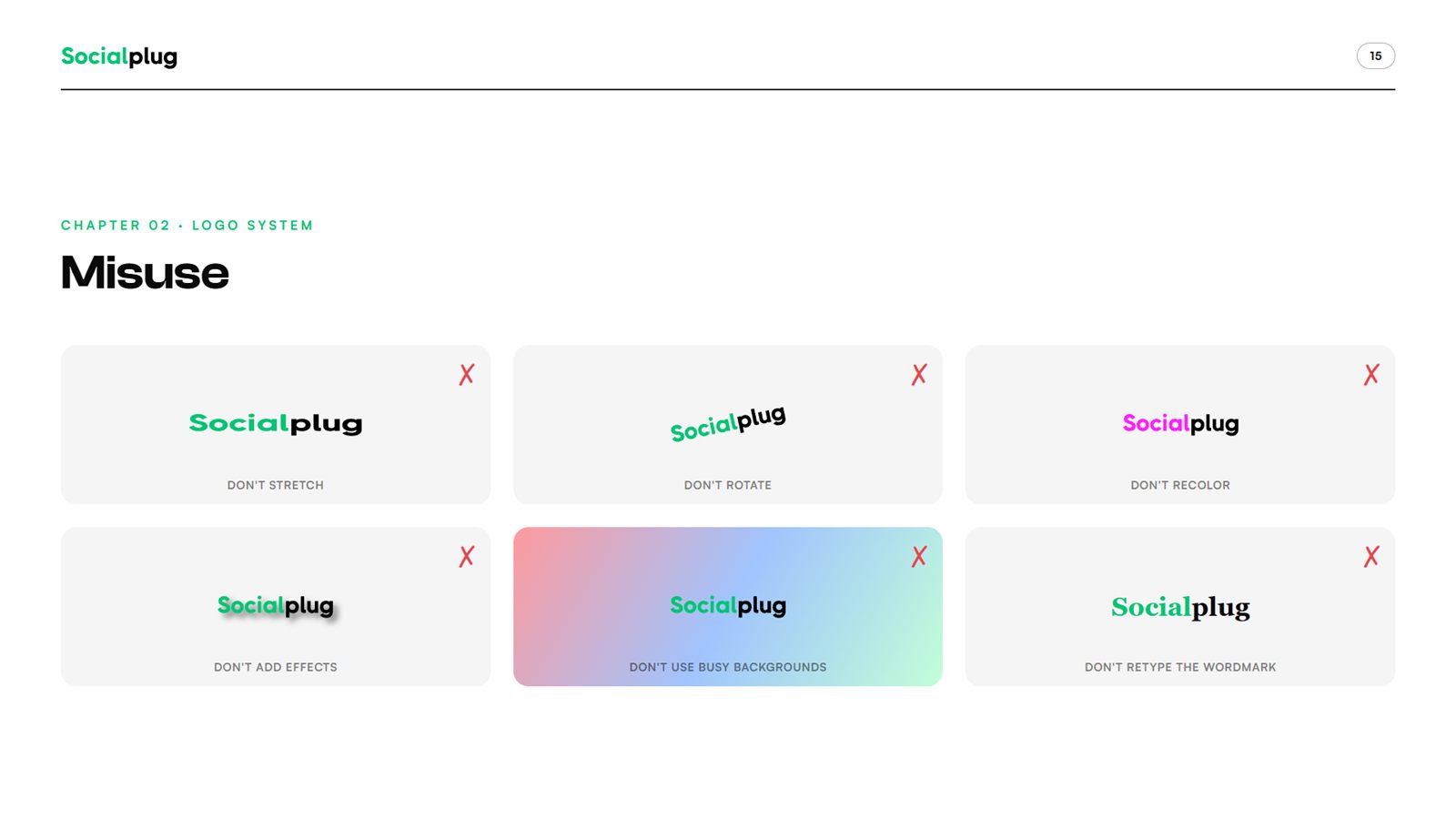 Socialplug brand book, page 15, Logo System: logo misuse