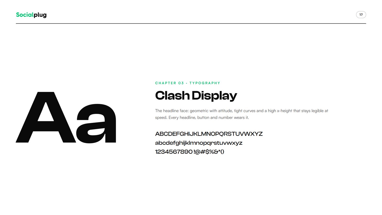Socialplug brand book, page 17, Typography: Clash Display typeface specimen