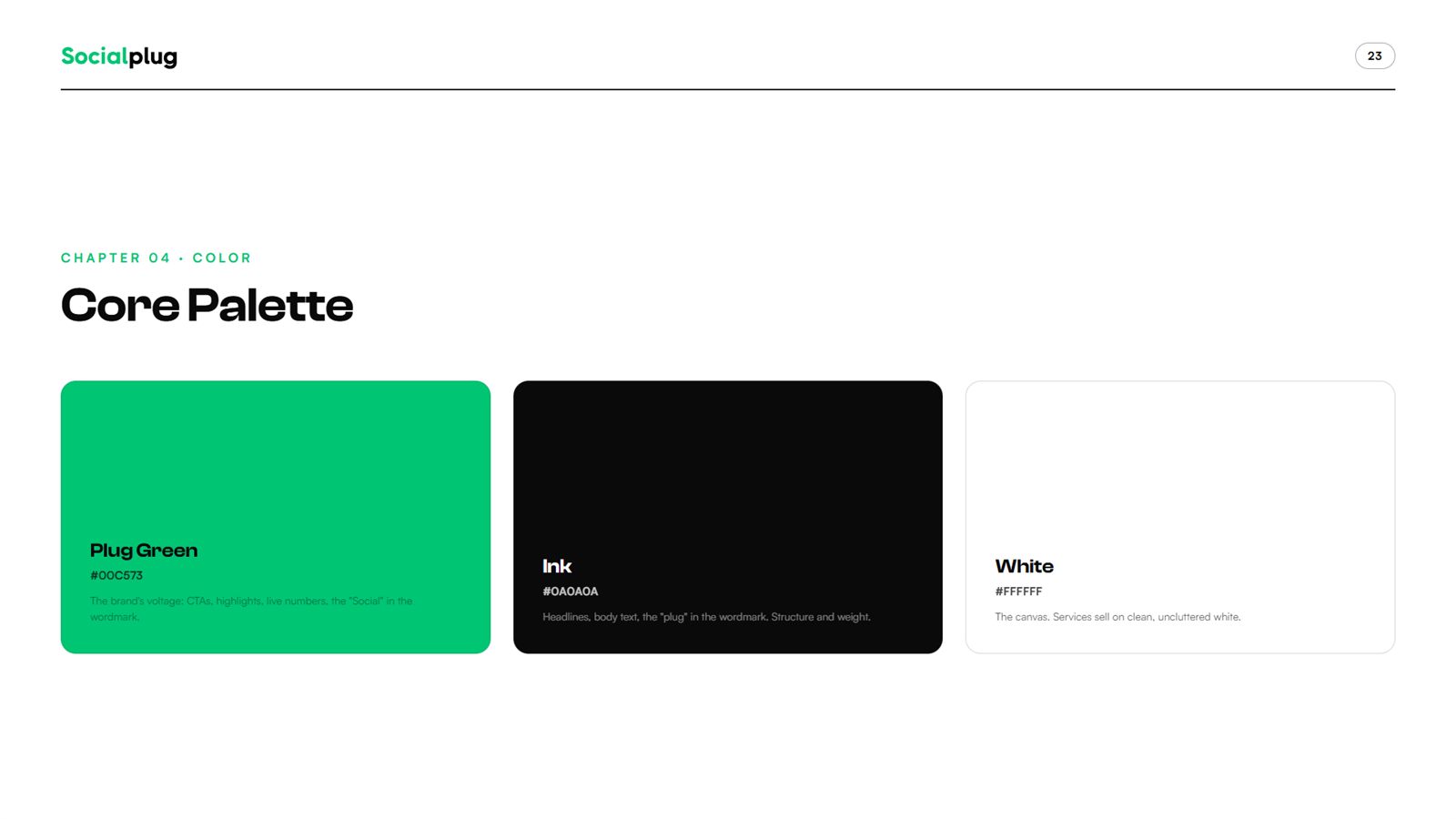 Socialplug brand book, page 23, Color: core palette