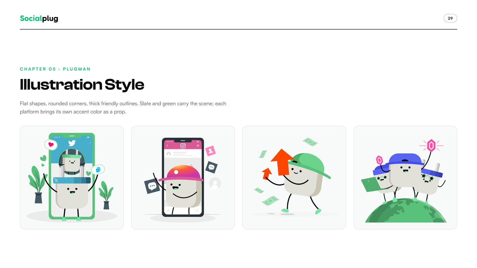 Socialplug brand book, page 29, Plugman: illustration style