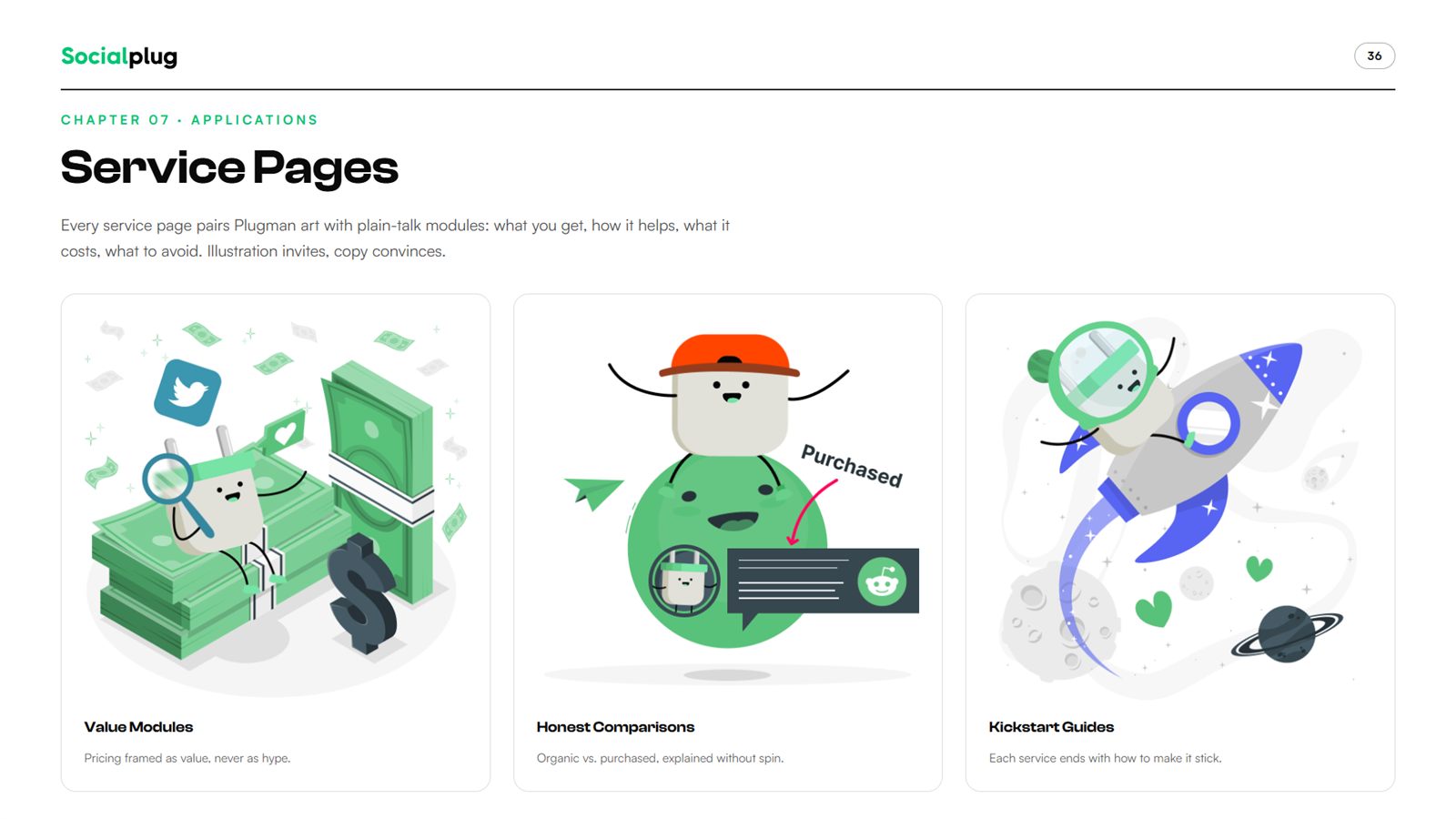 Socialplug brand book, page 36, Applications: service pages