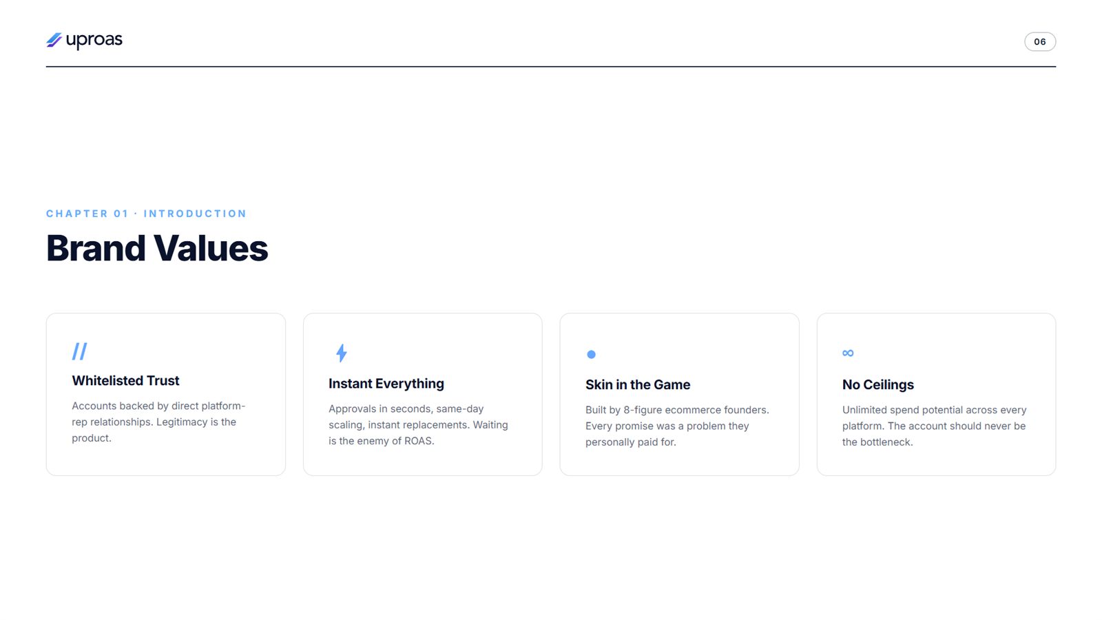 Uproas brand book, page 6, Introduction: brand values