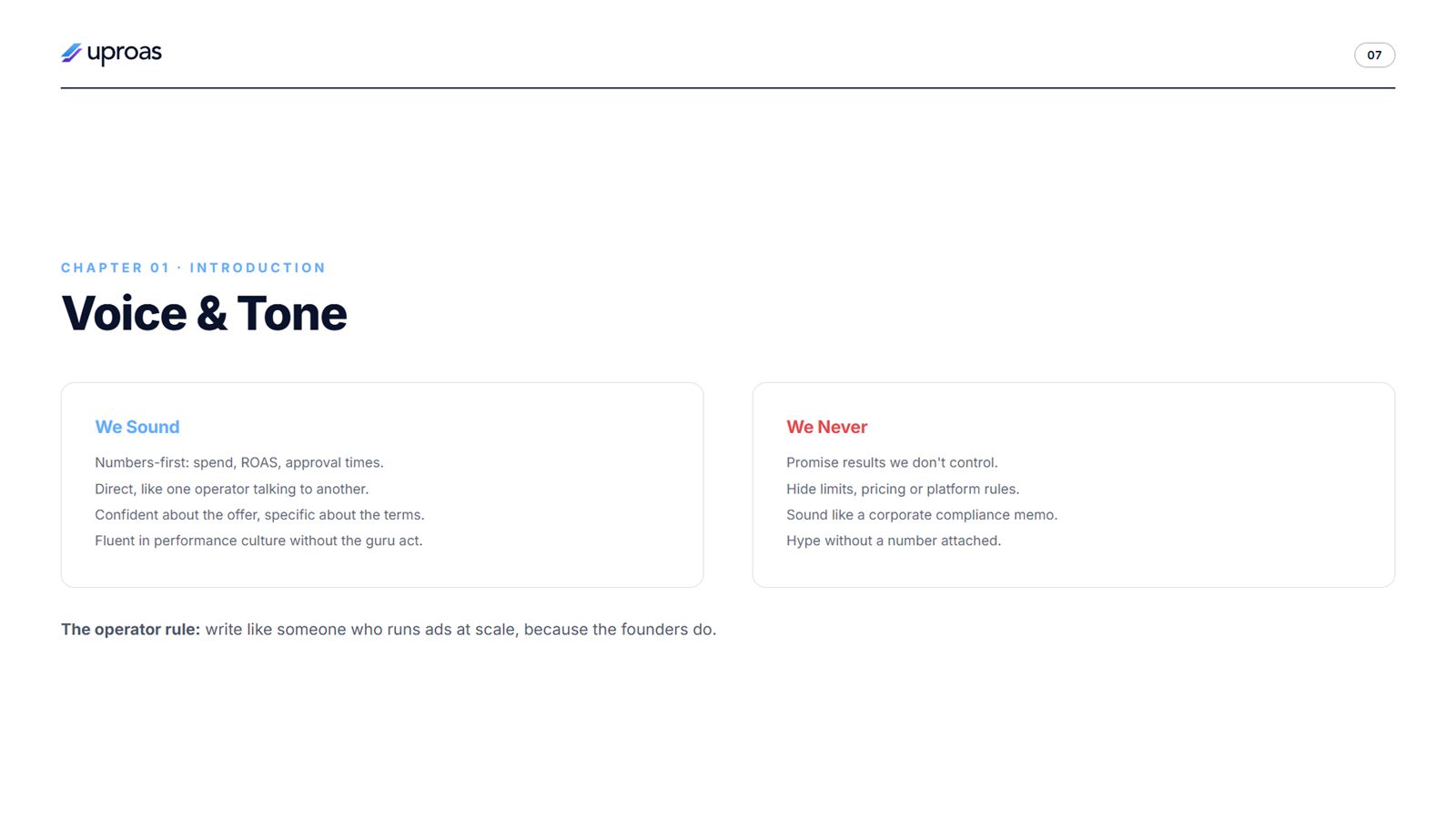 Uproas brand book, page 7, Introduction: voice and tone
