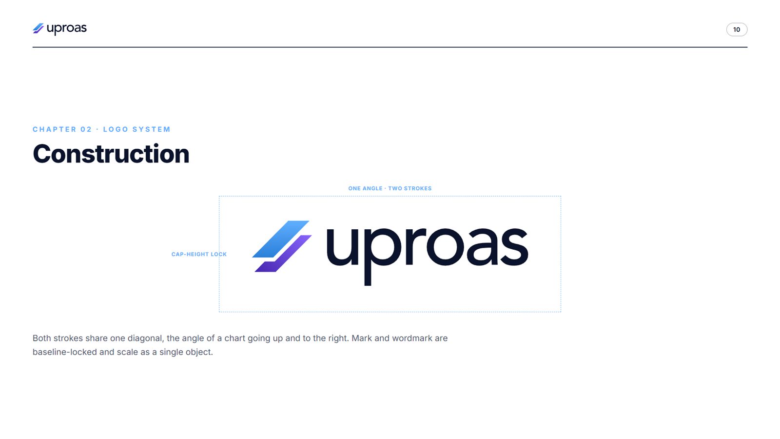 Uproas brand book, page 10, Logo System: logo construction
