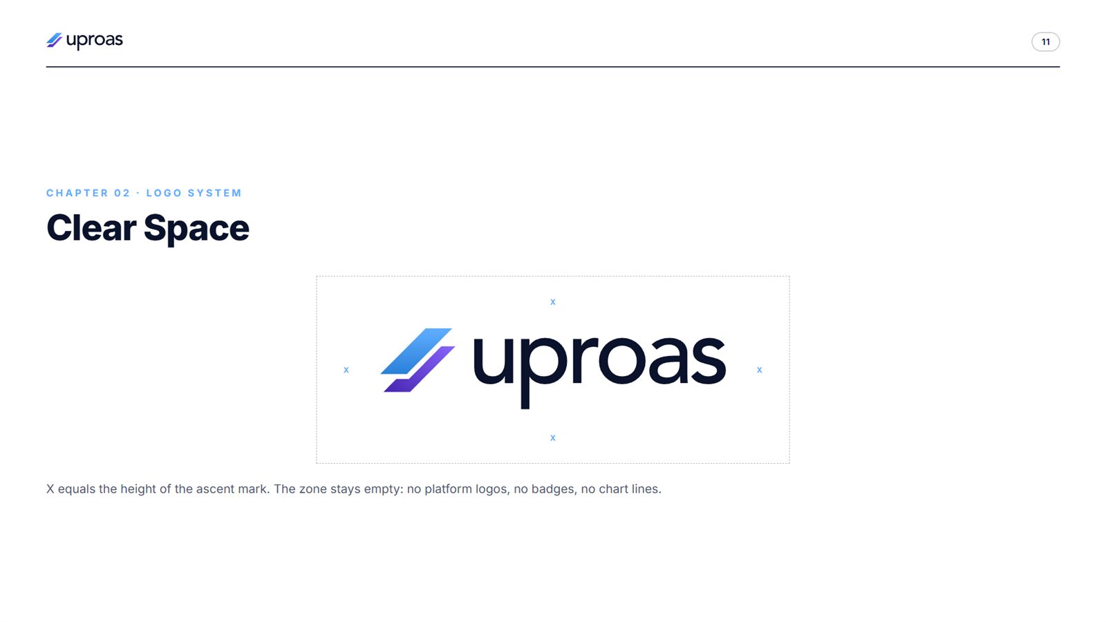 Uproas brand book, page 11, Logo System: clear space