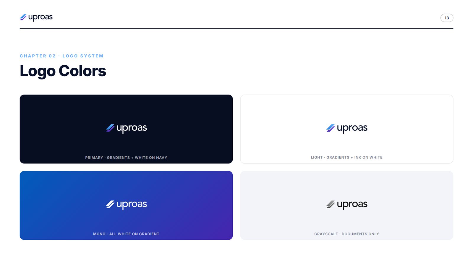 Uproas brand book, page 13, Logo System: logo colors