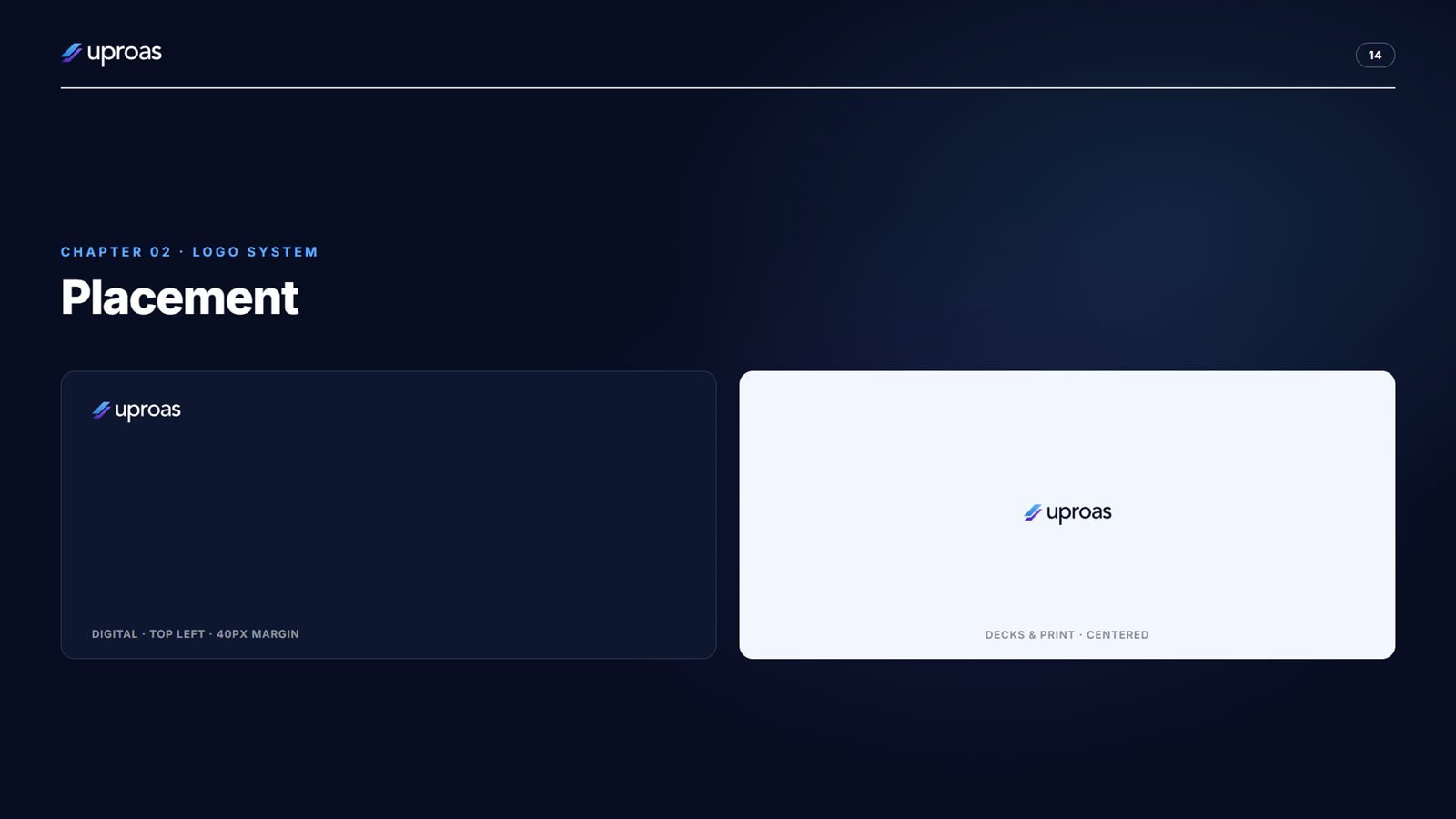 Uproas brand book, page 14, Logo System: logo placement
