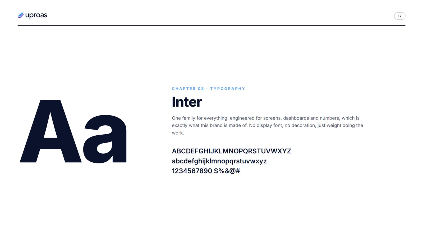Uproas brand book, page 17, Typography: Inter typeface specimen