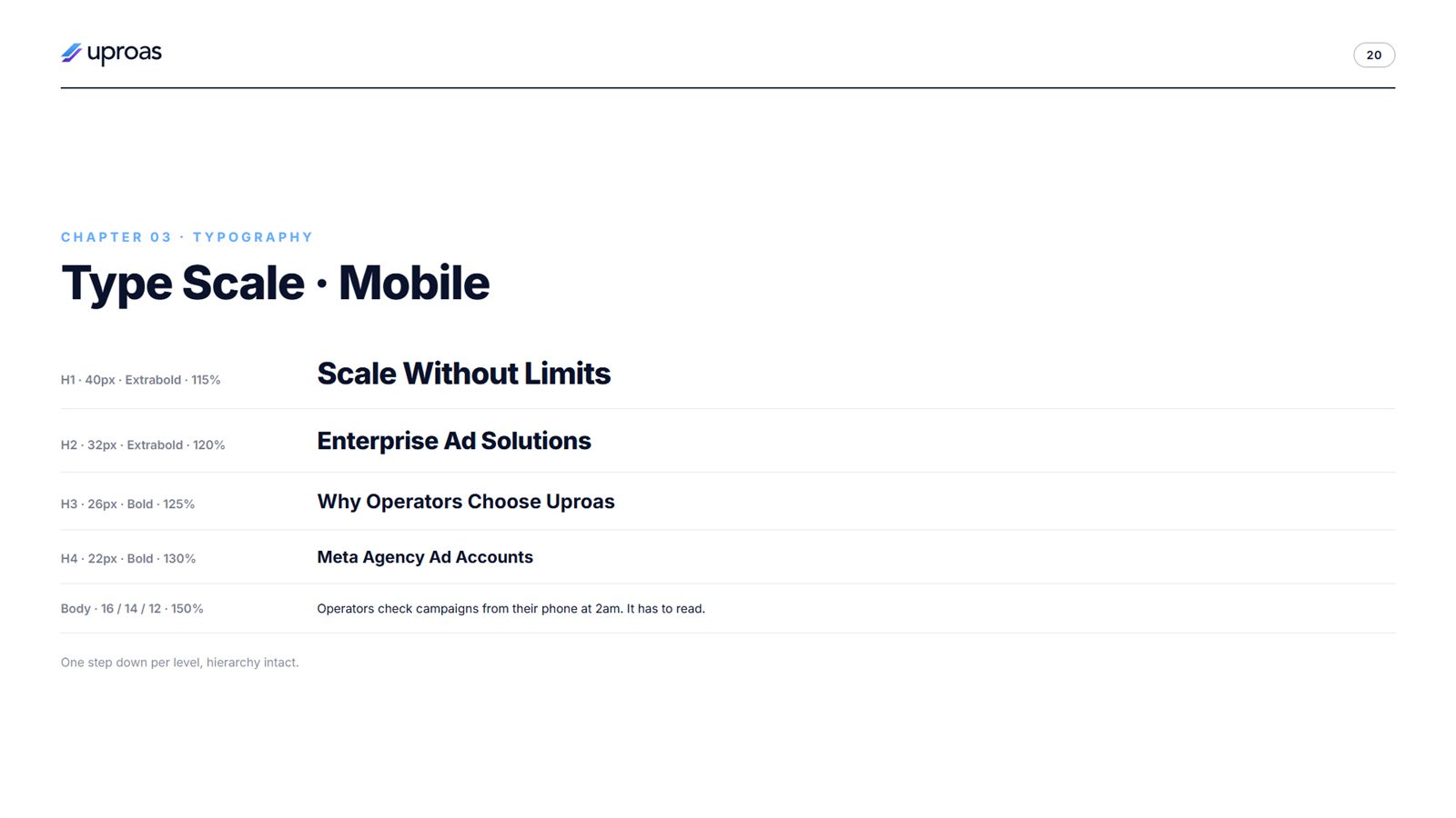 Uproas brand book, page 20, Typography: type scale, mobile