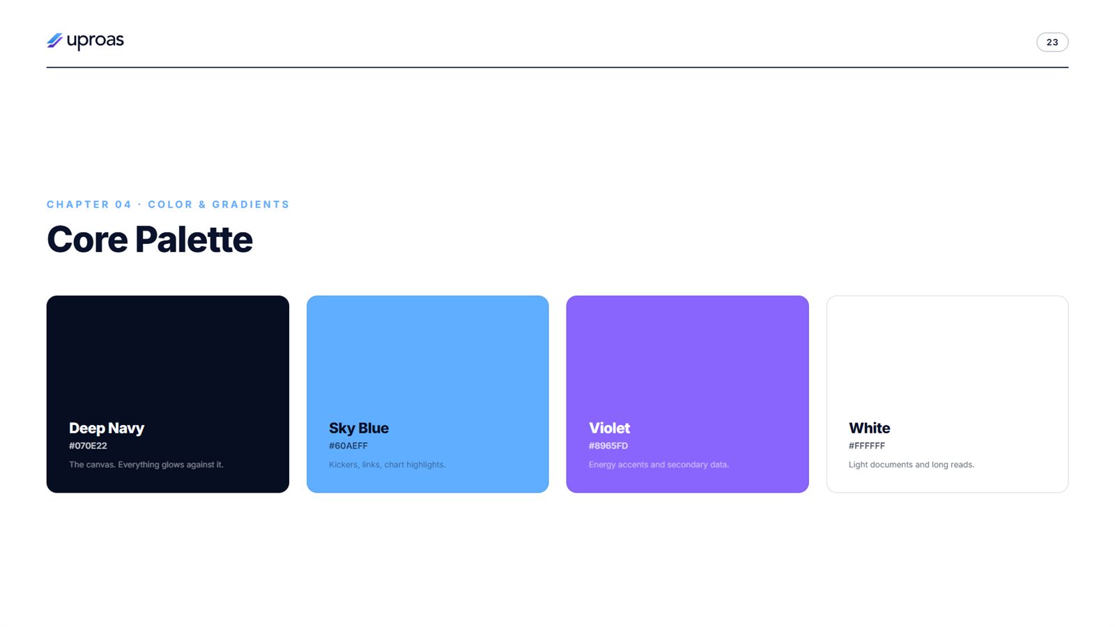 Uproas brand book, page 23, Color and Gradients: core palette