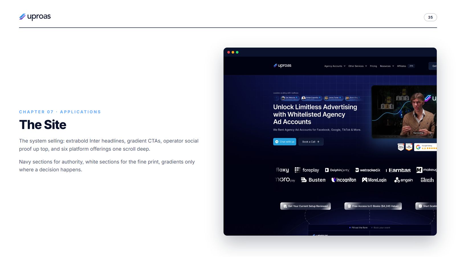 Uproas brand book, page 35, Applications: the site