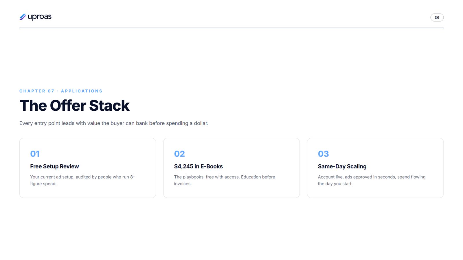 Uproas brand book, page 36, Applications: the offer stack